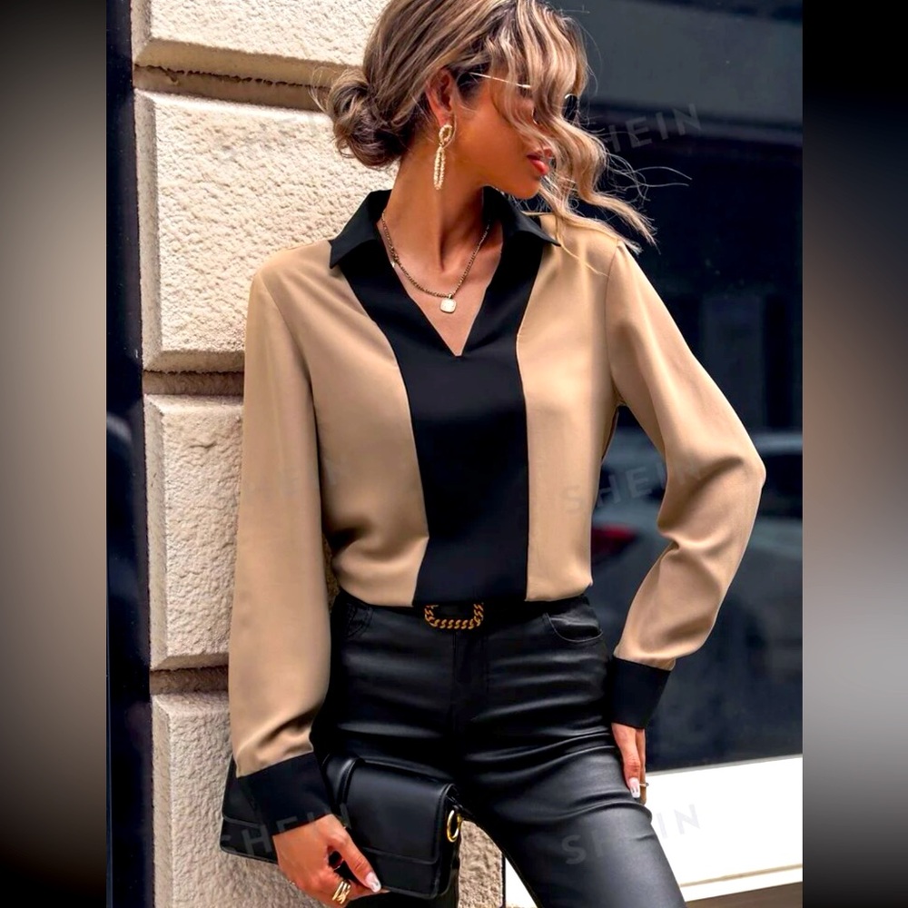 Beige and Black Blouse